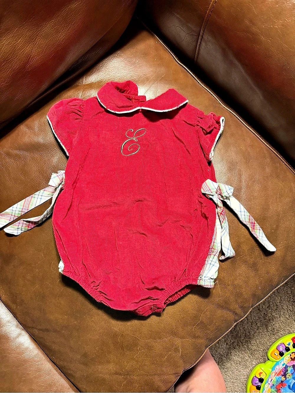E Monogrammed Red with  Plaid-Trim Baby Bubble